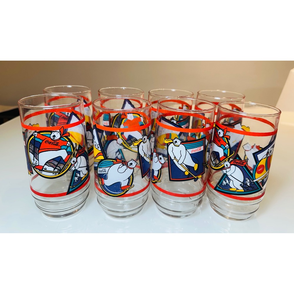 Vintage 1995 Coca-Cola Polar Bear Glass Set 8pc 16oz Indiana Glass Winter Sports - Picture 3 of 11